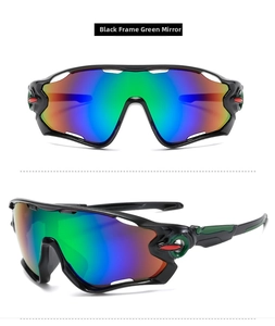 Detailed views of black sport cycling sunglasses with green mercury reflective lenses