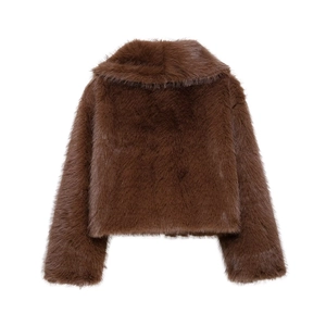 Women's dark brown faux fur wool jacket with a thick collar and short boxy silhouette