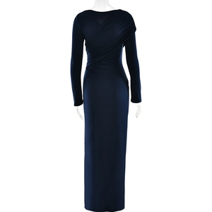 Detail showing the elegant side ruching and slim fit of this navy blue long sleeve dress