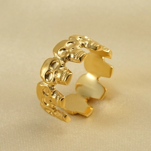 Bague Tête De Mort Acier Inoxydable Plaqué Or 18K Ouverte Ajustable Punk Gothique Mode Bijoux Pour Femmes