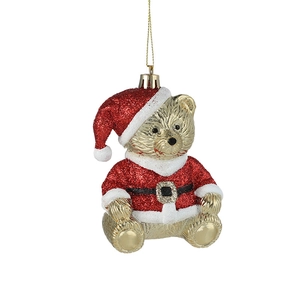 Glittery gold and red teddy bear Christmas tree ornament with hat and hanging gold string