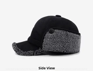 Side view of winter ear flap cap with warm grey sherpa lining and black wool fabric