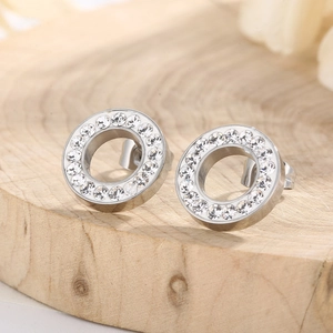 Detailed macro view of silver hollow round earrings with sparkling CZ crystals on wood