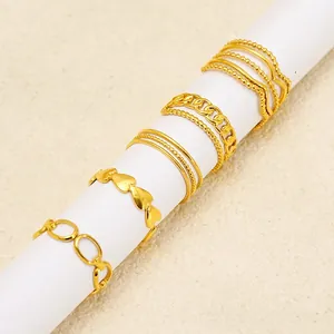 Set of 5 minimalist 18K gold plated stainless steel rings featuring heart and chain designs
