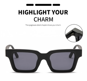 Detail of square black sunglasses with premium metal hinges and polarized grey lenses