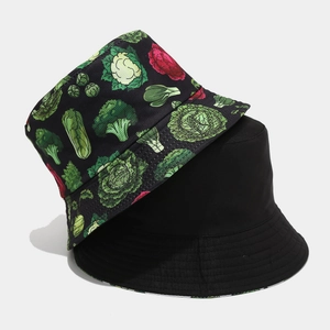 Cappelli a secchiello per protezione solare in nero e motivi di verdure verdi per adulti