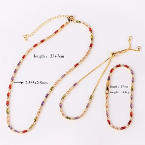 Gold jewelry set with colorful rectangular zircons including necklace and bracelet