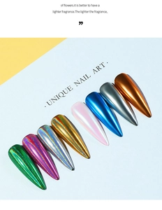 Detail showing eight shades of holographic and metallic mirror chrome nail powder effects