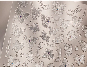 Vue détaillée d'autocollants 5D pour ongles papillon avec pierres précieuses irisées