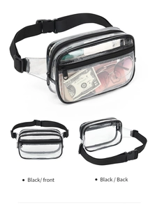 Front and back views of a waterproof transparent PVC fanny pack with black zipper and strap