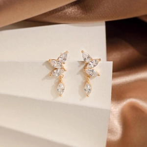 Elegant S925 silver stud earrings with marquise and pear shaped colorful zircons on silk