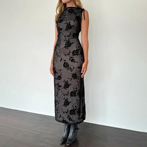 Women Sexy Sleeveless Maxi Dress Rose Flocking Mesh Slim Fit Vintage Gothic Bodycon Long Gown Elegant