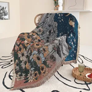 Sunflowers Moon Star Mountain Cotton Woven Blanket Throw Fringed Tassel Sofa Bed Camping Picnic Bohemian Aesthetic Decor