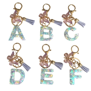 Alphabet Initial Letter Keychain Resin Colorful Heart Sequin Butterfly Charm Tassel Pendant For Women Girls Accessory