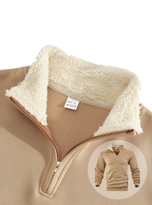 Detail of men's half-zip pullover collar with white sherpa lining and soft fleece texture