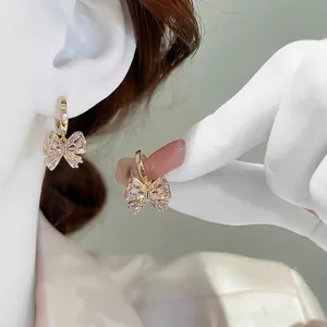 Bow Knot Earrings With Zircon Inlay Copper Gold Plated French Style Elegant Jewelry Accessories With Silver Earring Post