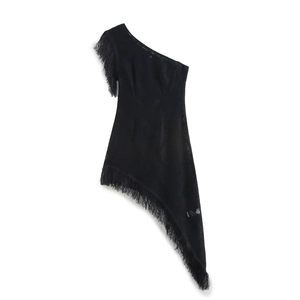 Asymmetric Shoulder Maxi Dress Black Lace Fringe Tassel Slit Slim Fit Elegant Party Evening Wear For Women