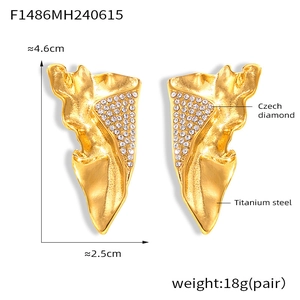 Detailed view of titanium steel wing earrings with sparkling Czech diamonds and texture