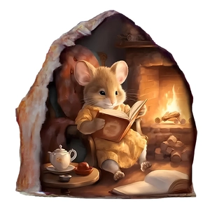 3D cartoon mouse reading by a fireplace in a cozy hole wall sticker for kids bedroom