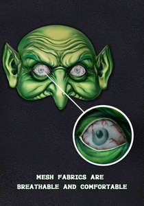 Detail of green goblin mask showing breathable eye mesh fabric for party comfort