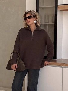 Women Half Zipper Knit Sweater Cotton Polyester Blend Solid Color Loose Fit Stand Collar Long Sleeve Casual Pullover