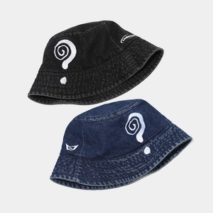 Unisex denim bucket hats in black and blue with unique question mark embroidery