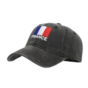 Black washed cotton baseball cap with France flag embroidery and white lettering