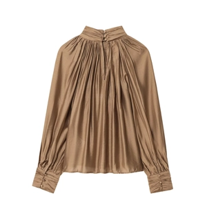 Elegant bronze silk satin long sleeve blouse with pleated collar and glossy texture