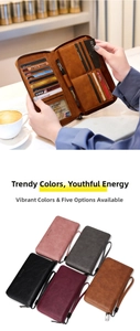 Detail of RFID leather long wallet showing multi-card slots and diverse color options