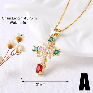 Detail of gold cross necklace with pearls and gems showing 45+5cm chain length specs