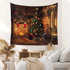 Detail of Christmas tapestry showing cozy fireplace and tree on bedroom wall decoration