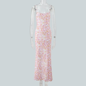 Detail of pink floral print fabric and slim fit design on summer maxi dress