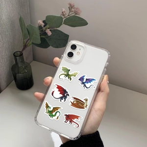 Detailed view of iPhone case featuring vibrant cartoon dragon illustrations on clear material