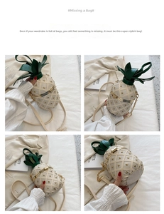 Multi-angle details of creative pineapple shoulder bag with metal studs and chain strap
