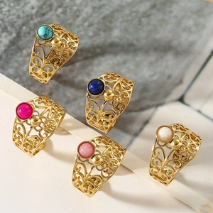 Bohemian gold plated stainless steel hollow rings with colorful natural stones