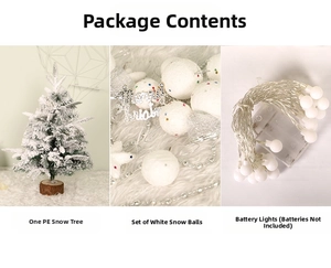 Detailed set including PE flocked mini tree, white snowballs, and LED light string
