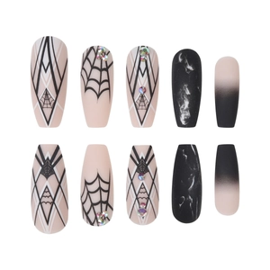 Halloween spider web coffin press-on nails with marble design and rhinestones set