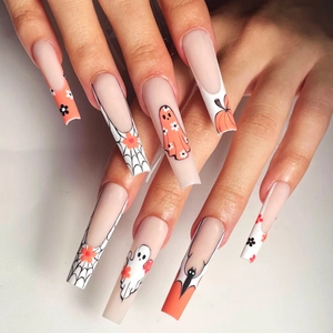 Halloween Press On Nails Long Coffin Shape Matte False Nails Ghost Pumpkin Spider Web Patterns For Women Party Decor