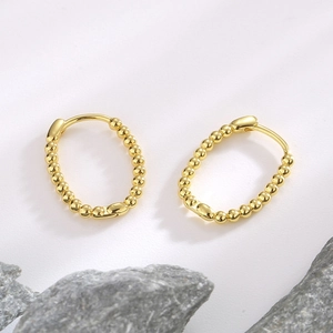 Minimalist 14K gold plated S925 silver beaded oval hoop earrings on gray stones