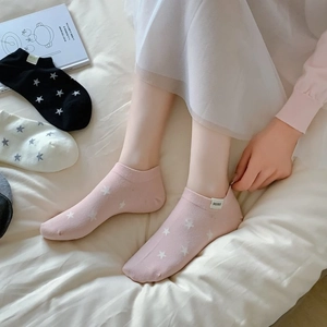 Women's cotton low cut ankle socks with star patterns in pink, white and black colors