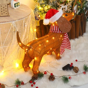 Illuminated Dachshund Christmas figure with LED lights, festive hat and scarf for yard decor