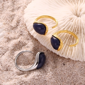Retro 18k gold plated stainless steel open rings with water drop blue resin stones