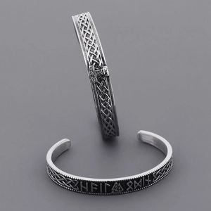 Vintage Viking Thor's hammer open bangle in silver stainless steel with runic engravings