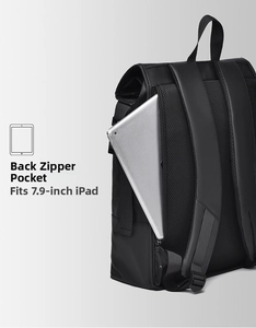 Back view of black business backpack showing breathable mesh and hidden tablet pocket