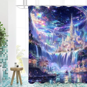 Detailed close-up of 3D starry sky castle print on waterproof polyester shower curtain