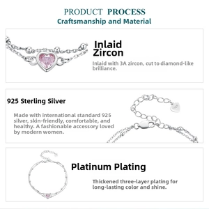 Detail of S925 sterling silver chain with a pink heart zircon and platinum plating