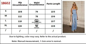 Size chart for women loose denim jumpsuit showing hip and waist measurements in centimeters