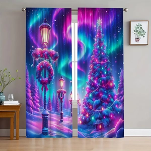 Detail of Christmas curtains featuring glowing trees and aurora over snow-covered scenery