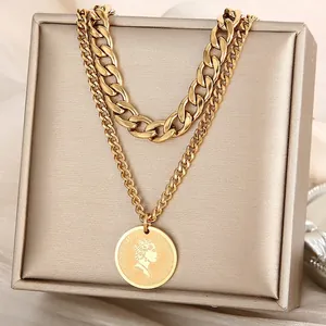 Vintage Double Layer Necklace Stainless Steel Cuban Chain Retro Portrait Coin Pendant Punk Hip Hop Style Jewelry Women