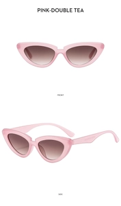 Front and side view of pink cat eye sunglasses with brown gradient lenses